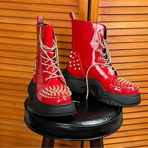 Cape Robbin Jadey  Glossy Red Combat Boots with Gold Studs